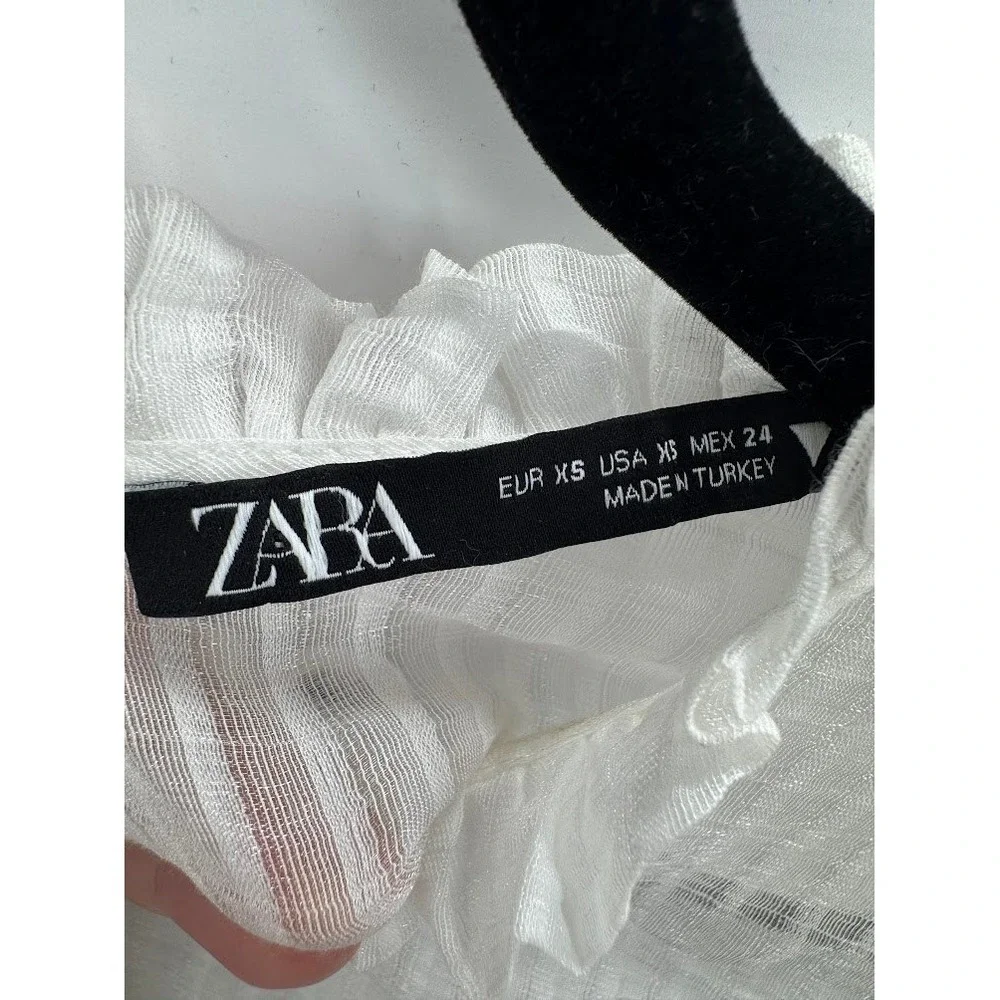 Zara White Organza Striped Ruffle Neck Puff Sleeve Blouse XS 3952/400